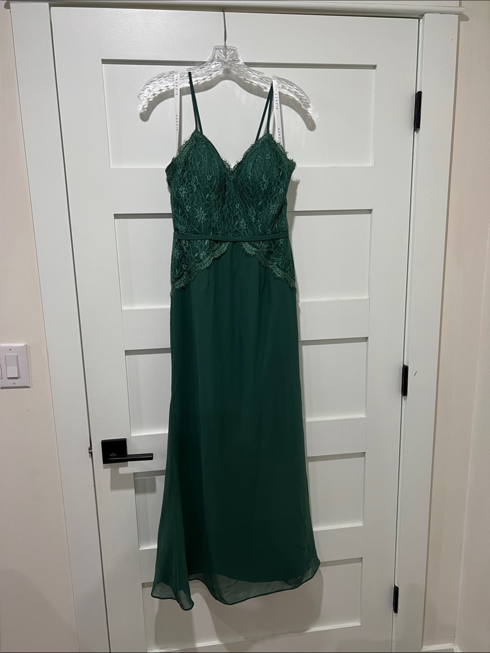 Azazie Emerald Green Lace Bodice Spaghetti Strap Prom Dress